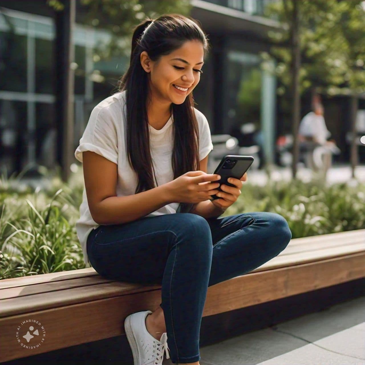 Woman in a bench watching her phone